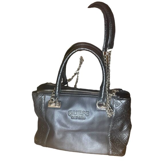 GUESS Holly Status Carryall Black Purse Handbag Silver Chain Clutch Handle - Picture 1 of 7